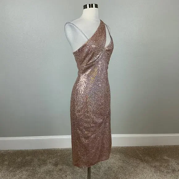 AQUA Women's Cocktail Dress Size 6 Gold Sequin One Shoulder Cut Out Midi Sheath
